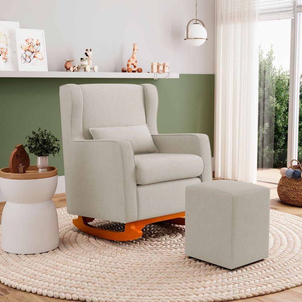 Poltrona De Amamentação E Descanso Zoe Com Base Balanço E Puff Linho Bege - Desk Design - 12