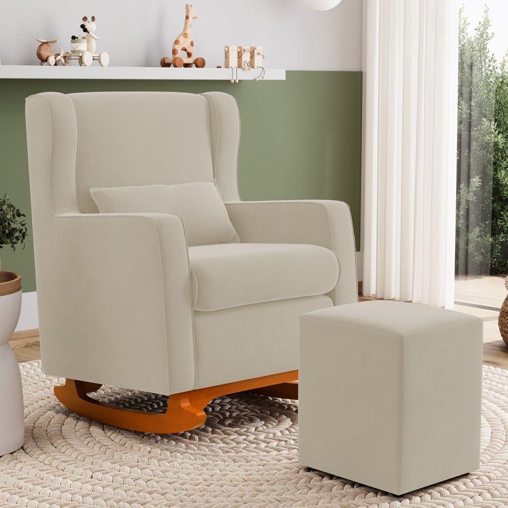 Poltrona De Amamentação E Descanso Zoe Com Base Balanço E Puff Sintético Bege - Desk Design - 2