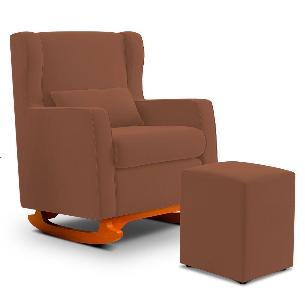 Poltrona De Amamentação E Descanso Zoe Com Base Balanço E Puff Veludo Terracota - Desk Design - 1