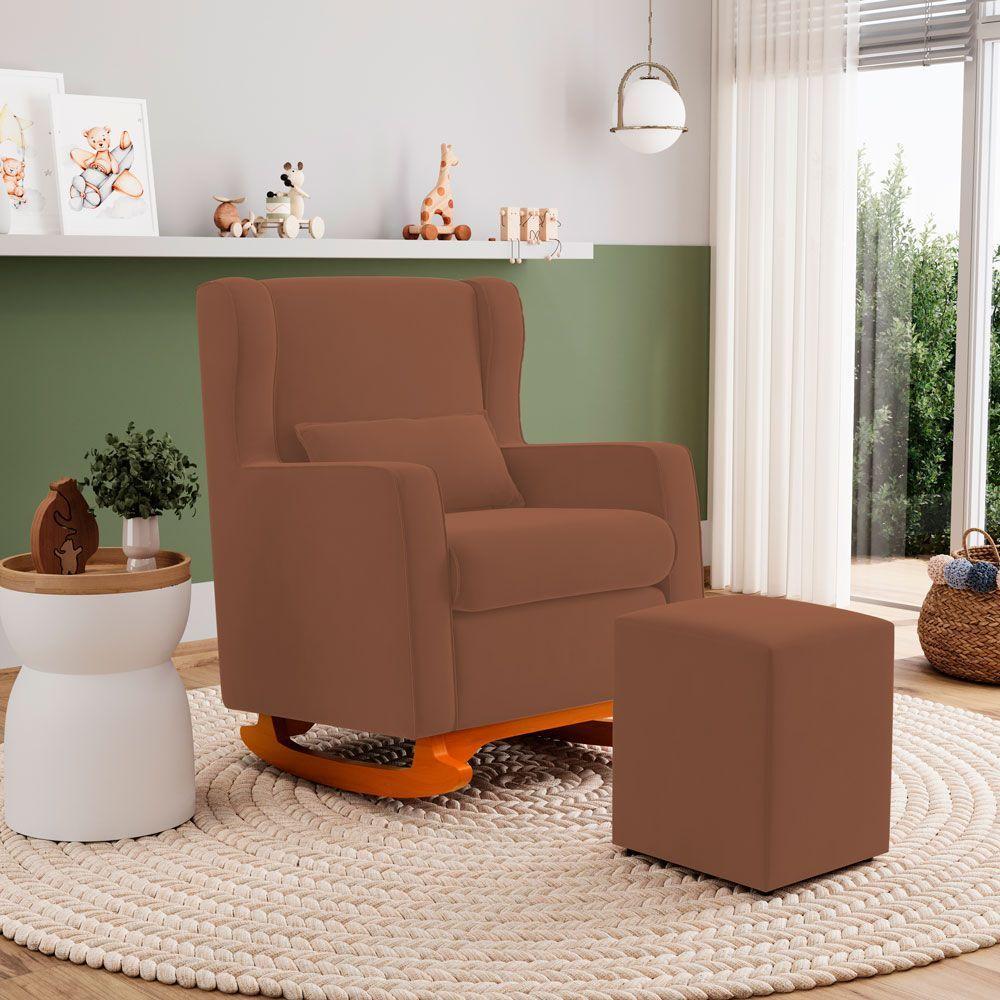 Poltrona De Amamentação E Descanso Zoe Com Base Balanço E Puff Veludo Terracota - Desk Design - 7