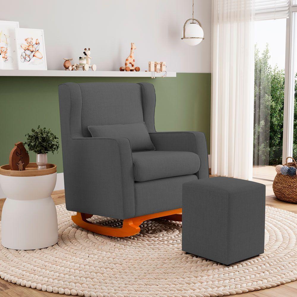Poltrona De Amamentação E Descanso Zoe Com Base Balanço E Puff Linho Cinza - Desk Design - 3