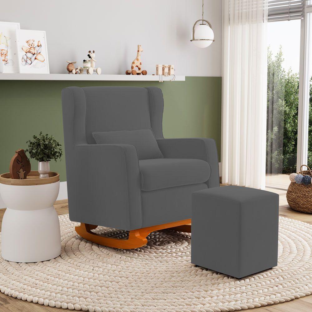 Poltrona De Amamentação E Descanso Zoe Com Base Balanço E Puff Suede Cinza - Desk Design - 5
