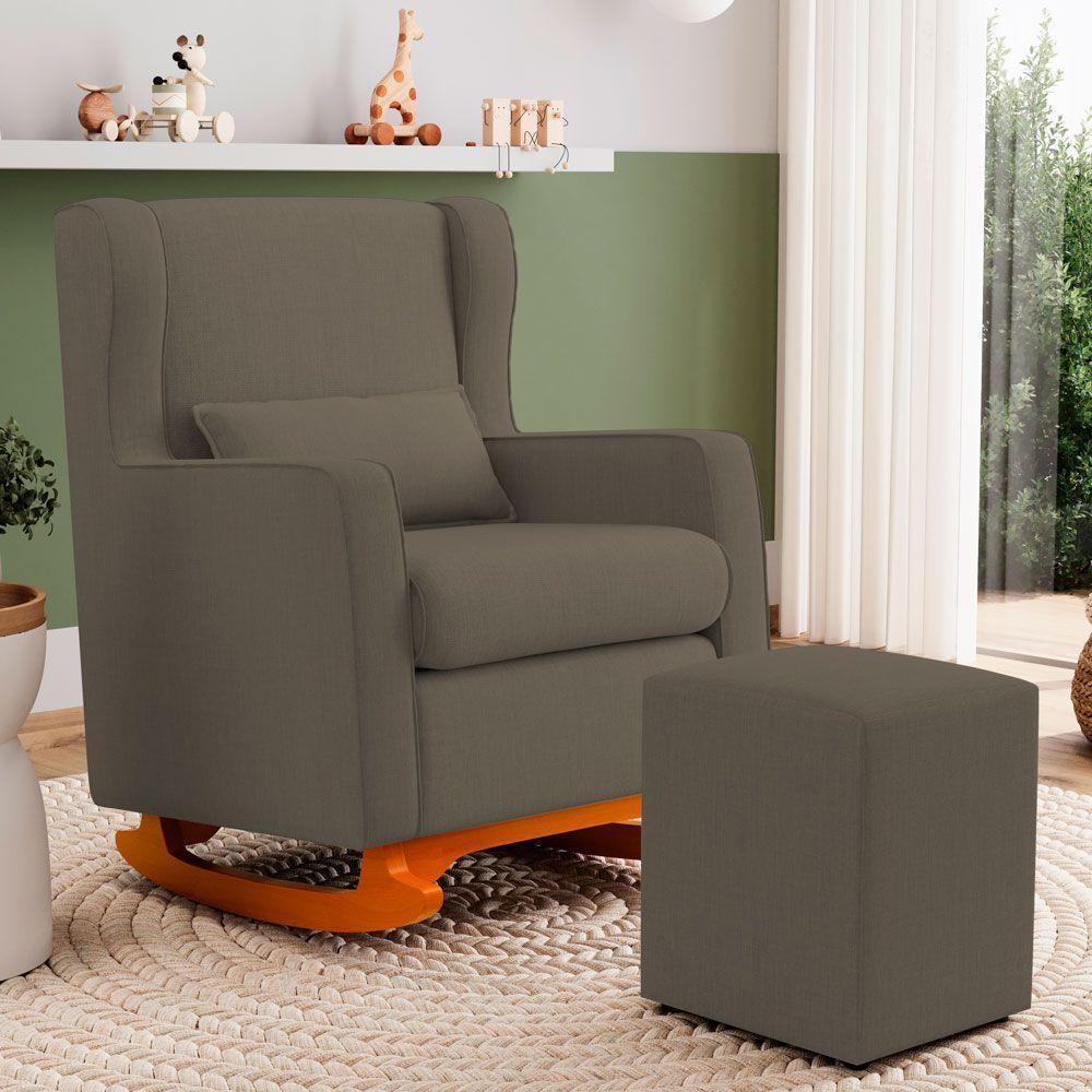 Poltrona De Amamentação E Descanso Zoe Com Base Balanço E Puff Linho Cacau - Desk Design - 3