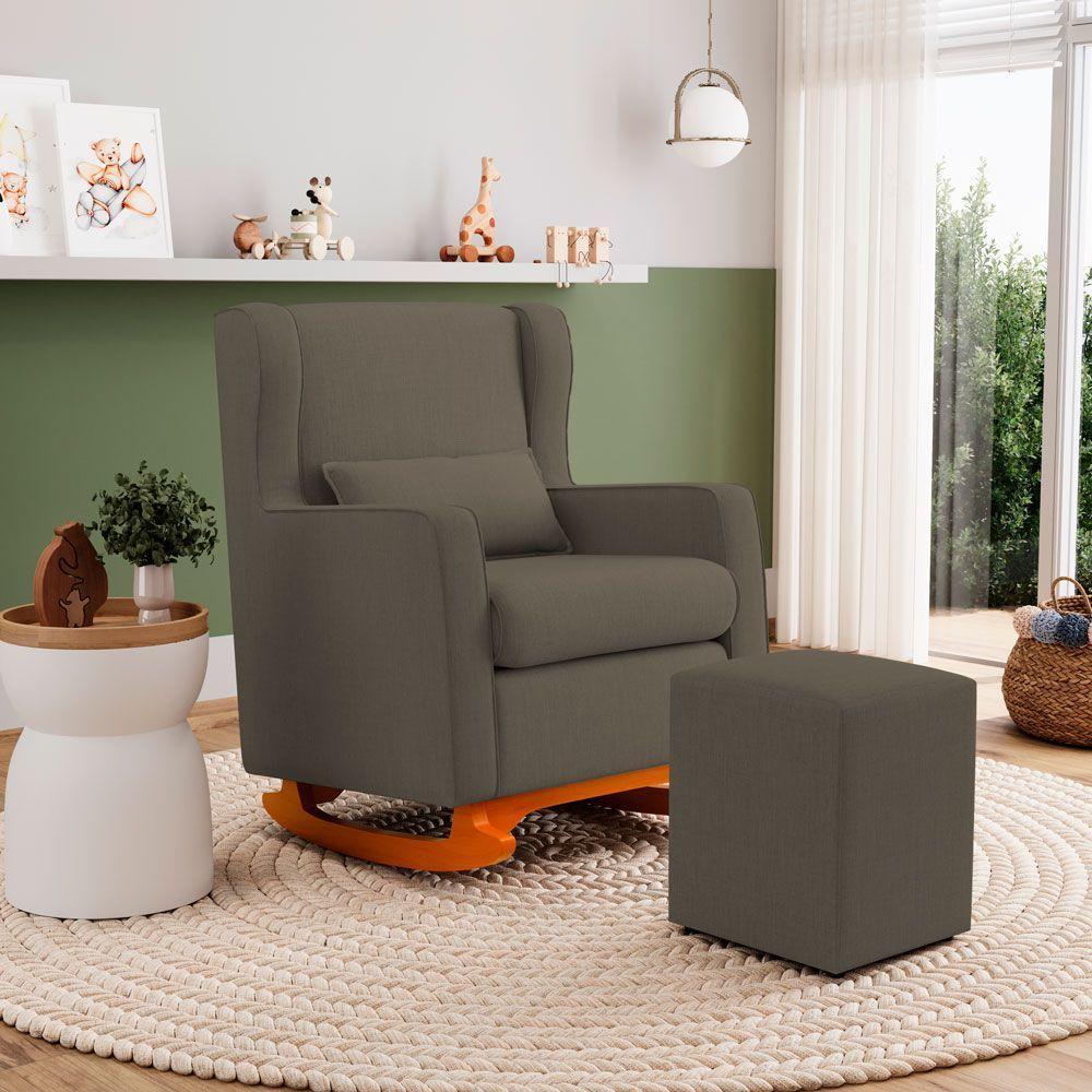 Poltrona De Amamentação E Descanso Zoe Com Base Balanço E Puff Linho Cacau - Desk Design - 12