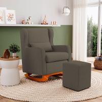 Poltrona De Amamentação E Descanso Zoe Com Base Balanço E Puff Linho Cacau - Desk Design - 17