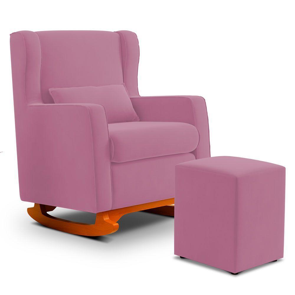 Poltrona De Amamentação E Descanso Zoe Com Base Balanço E Puff Suede Rosa - Desk Design - 1