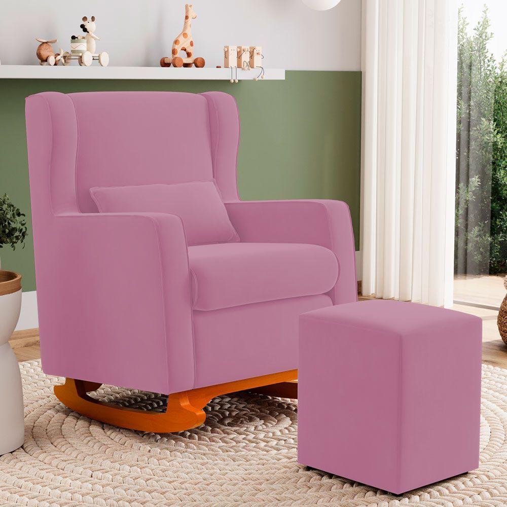 Poltrona De Amamentação E Descanso Zoe Com Base Balanço E Puff Suede Rosa - Desk Design - 6