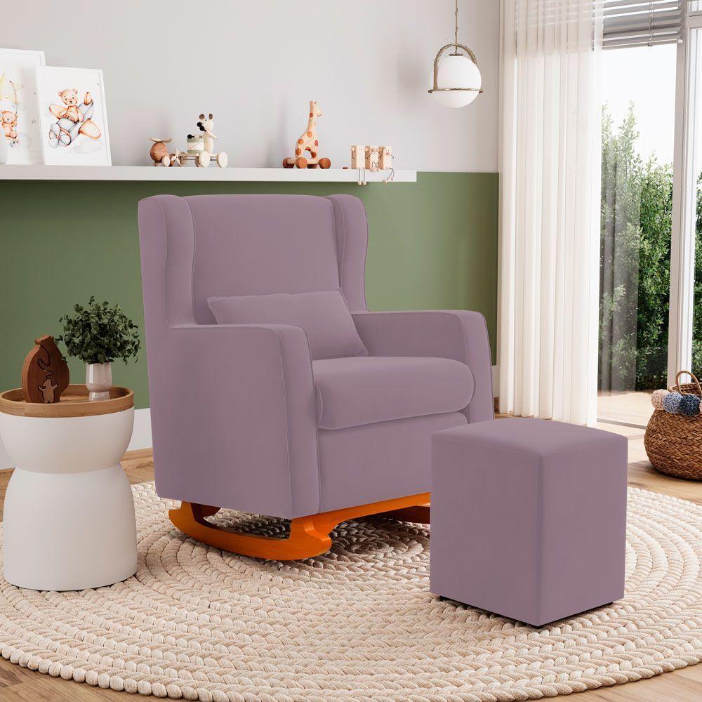 Poltrona De Amamentação E Descanso Zoe Com Base Balanço E Puff Veludo Rosê - Desk Design - 3
