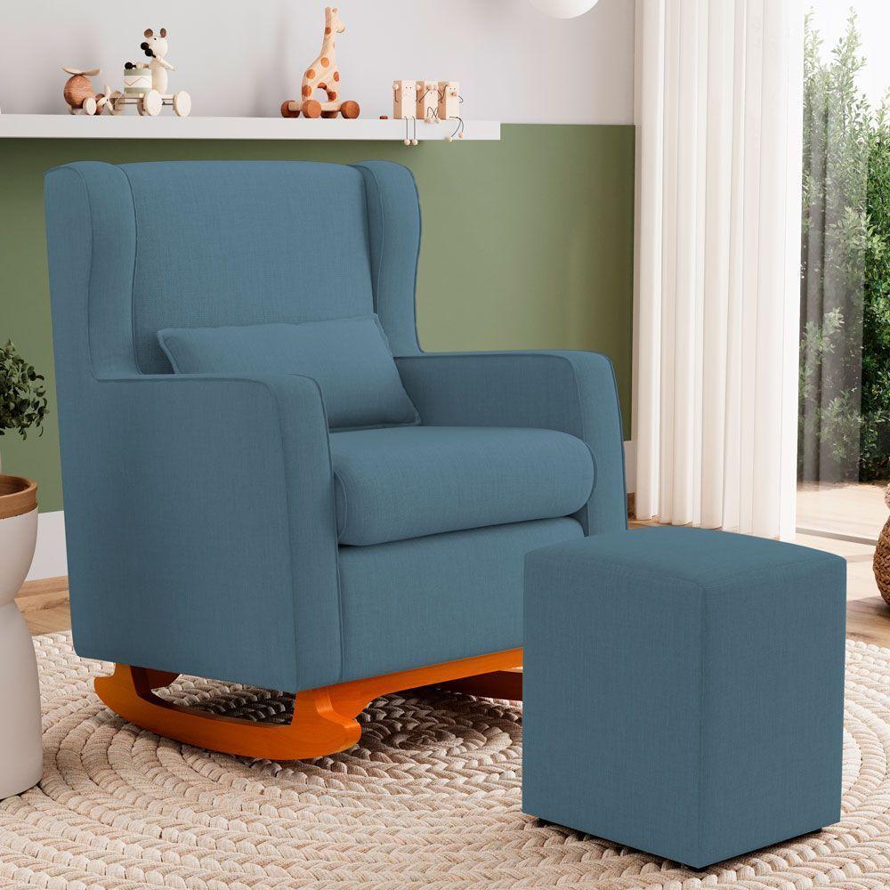 Poltrona De Amamentação E Descanso Zoe Com Base Balanço E Puff Linho Denim - Desk Design - 3
