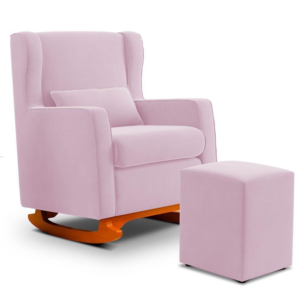 Poltrona De Amamentação E Descanso Zoe Com Base Balanço E Puff Sintético Rosa Bebê - Desk Design - 2