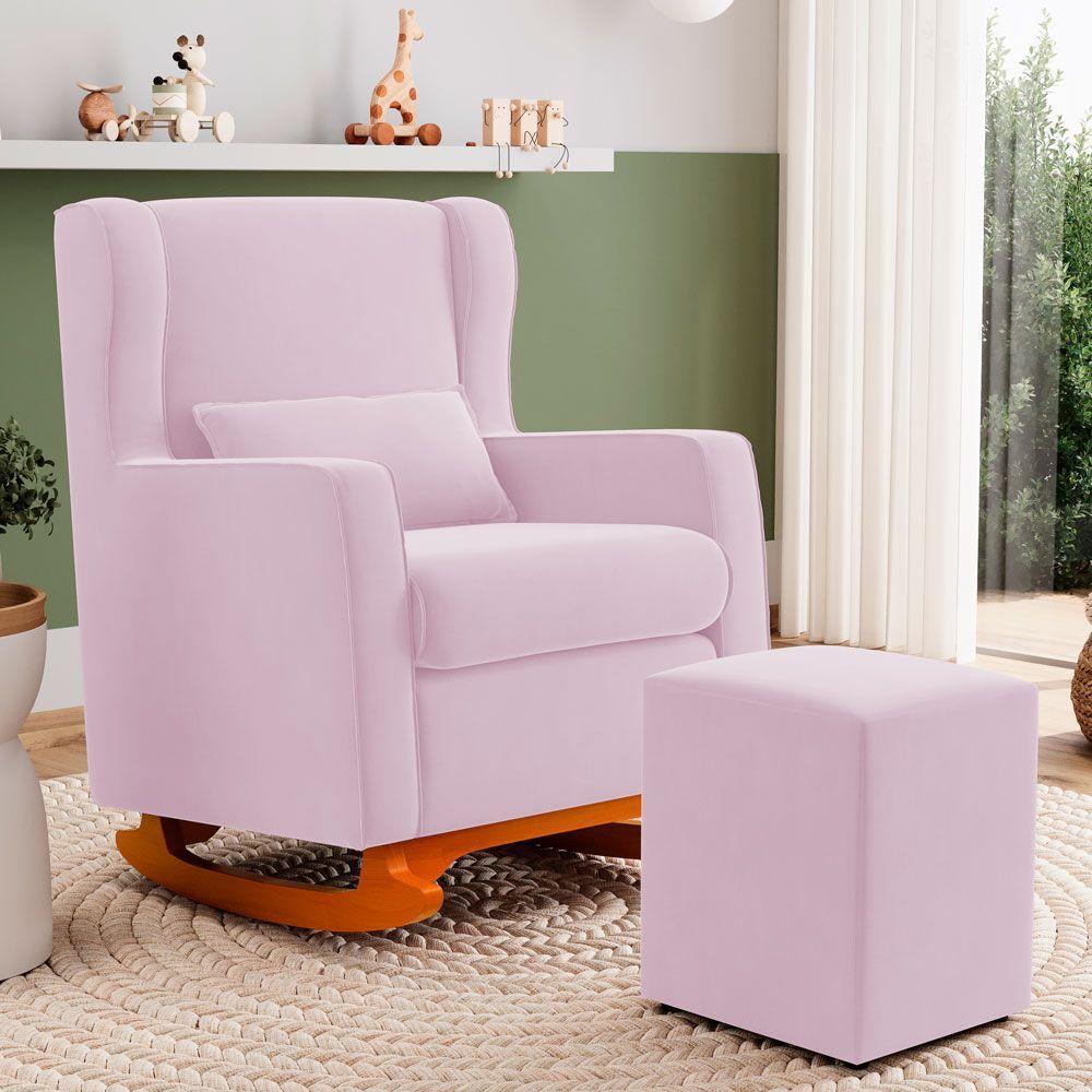 Poltrona De Amamentação E Descanso Zoe Com Base Balanço E Puff Sintético Rosa Bebê - Desk Design - 7