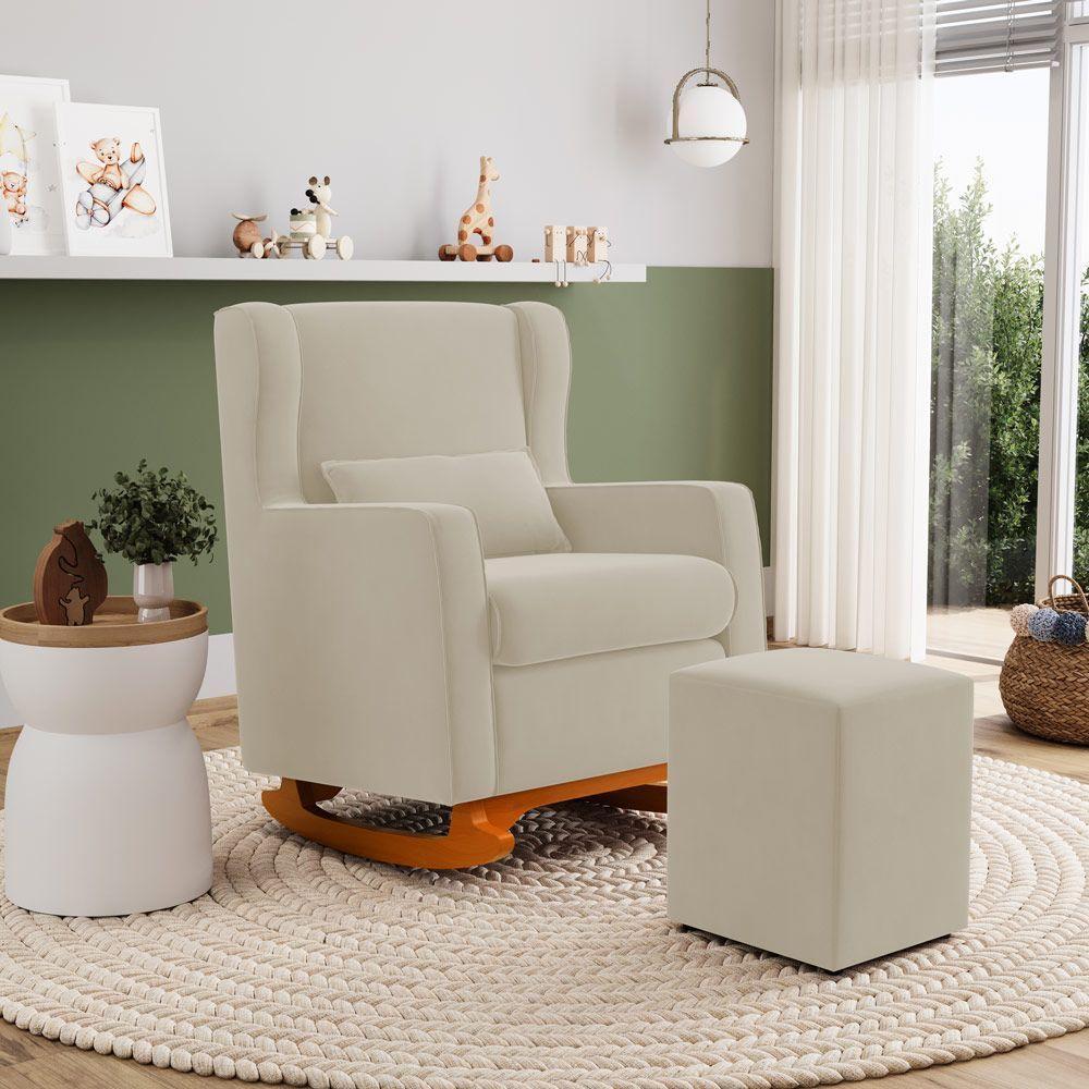 Poltrona De Amamentação E Descanso Zoe Com Base Balanço E Puff Suede Bege - Desk Design - 2