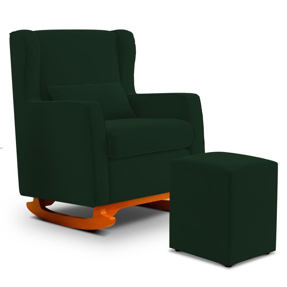 Poltrona De Amamentação E Descanso Zoe Com Base Balanço E Puff Veludo Verde - Desk Design - 1
