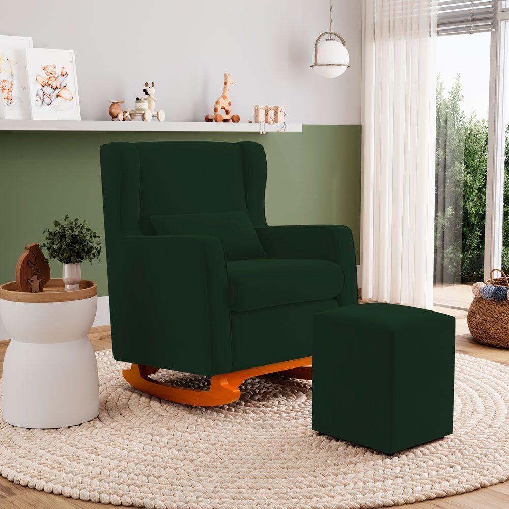 Poltrona De Amamentação E Descanso Zoe Com Base Balanço E Puff Veludo Verde - Desk Design - 7