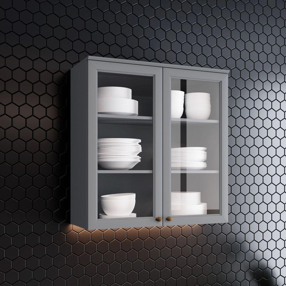 Armário Aéreo De Cozinha 80 Cm 2 Portas Com Vidro Amy Casa 812 Cinza - 2