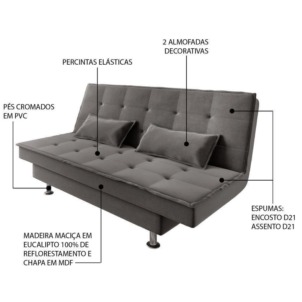 Sofá Cama 3 Lugares 1,84m Andradas Veludo Suede Cinza Mamflex Cinza - 4