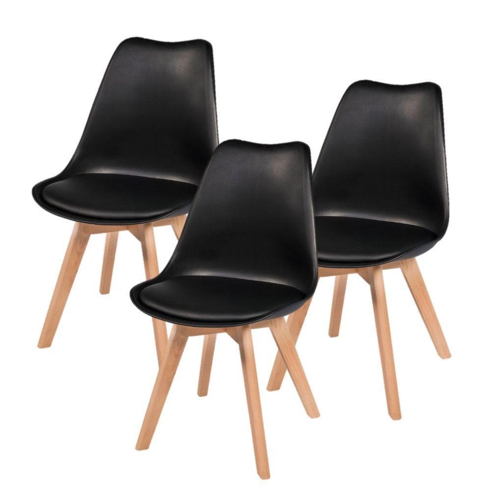 Kit C|3 Cadeira Leda Preta Charles Eames Wood Com Almofada - 1