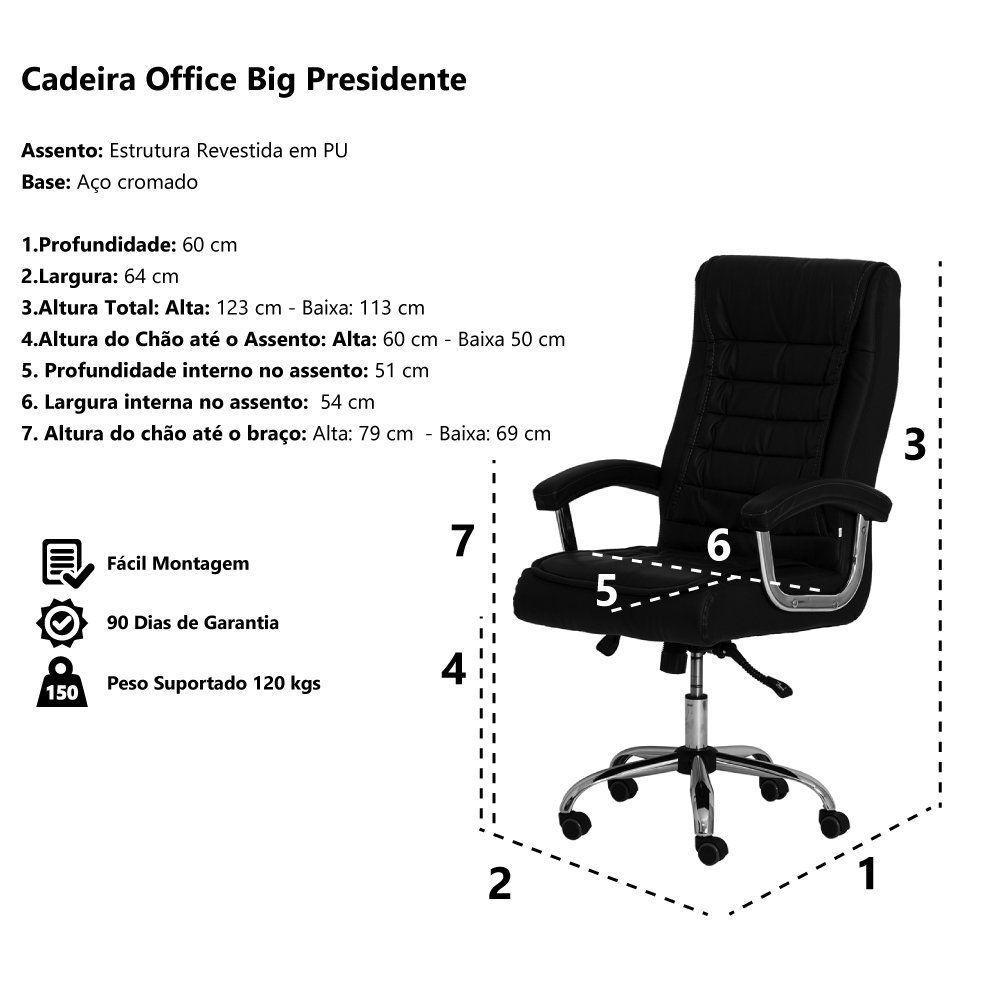 Cadeira De Escritório Big Presidente Pu Preta Base Giratória Cromada Altura Ajustável - 3