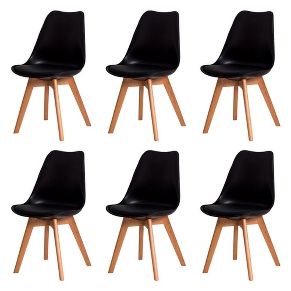 Kit Com 6 Cadeira Leda Preta Charles Eames Wood Com Almofada - 1