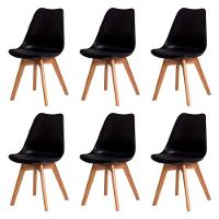 Kit Com 6 Cadeira Leda Preta Charles Eames Wood Com Almofada - 1