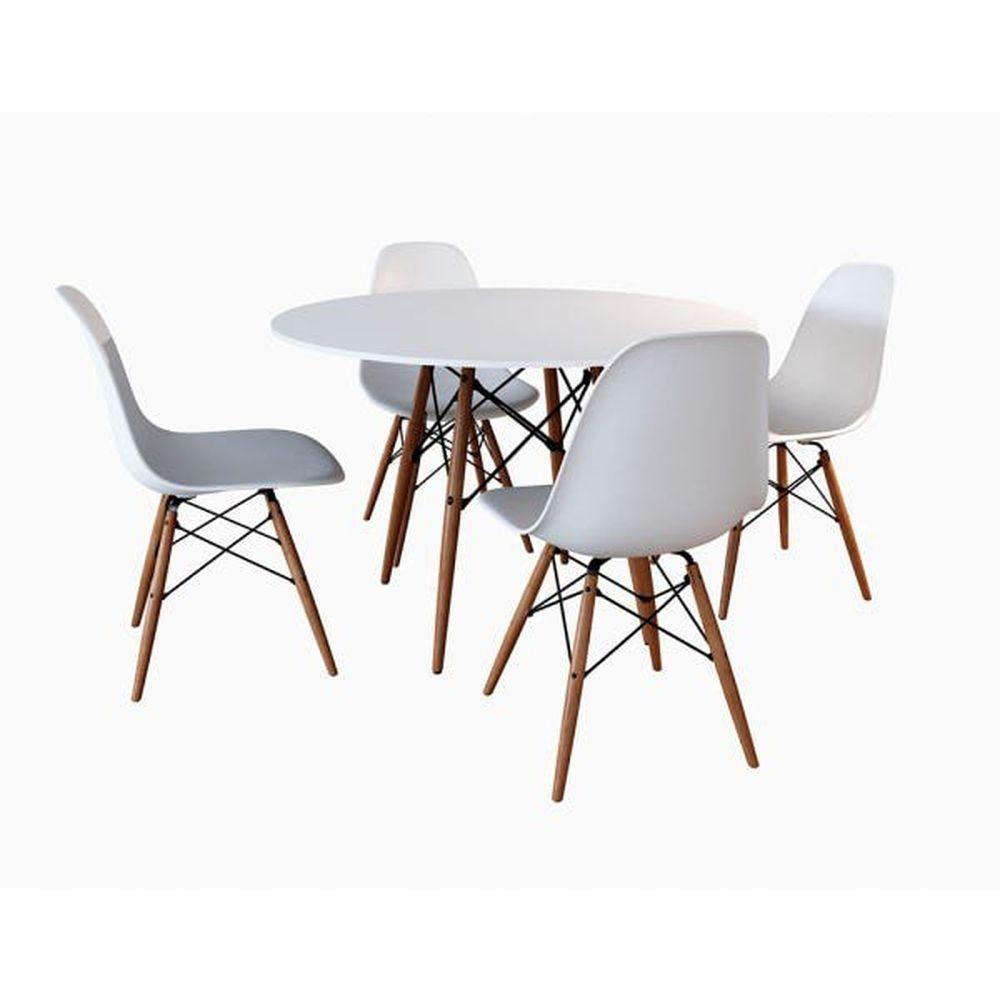 Conjunto De Mesa De Jantar Eames Eiffel Redonda 90cm Tampo De Madeira Branco Com 4 Cadeiras Brancas - 8