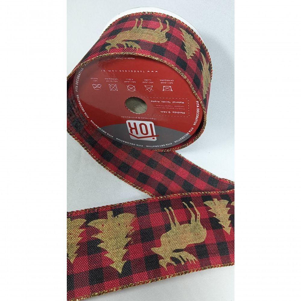 Fita Decorativa Xadrez Vermelho Com Preto Com Estampa Natalina - 2