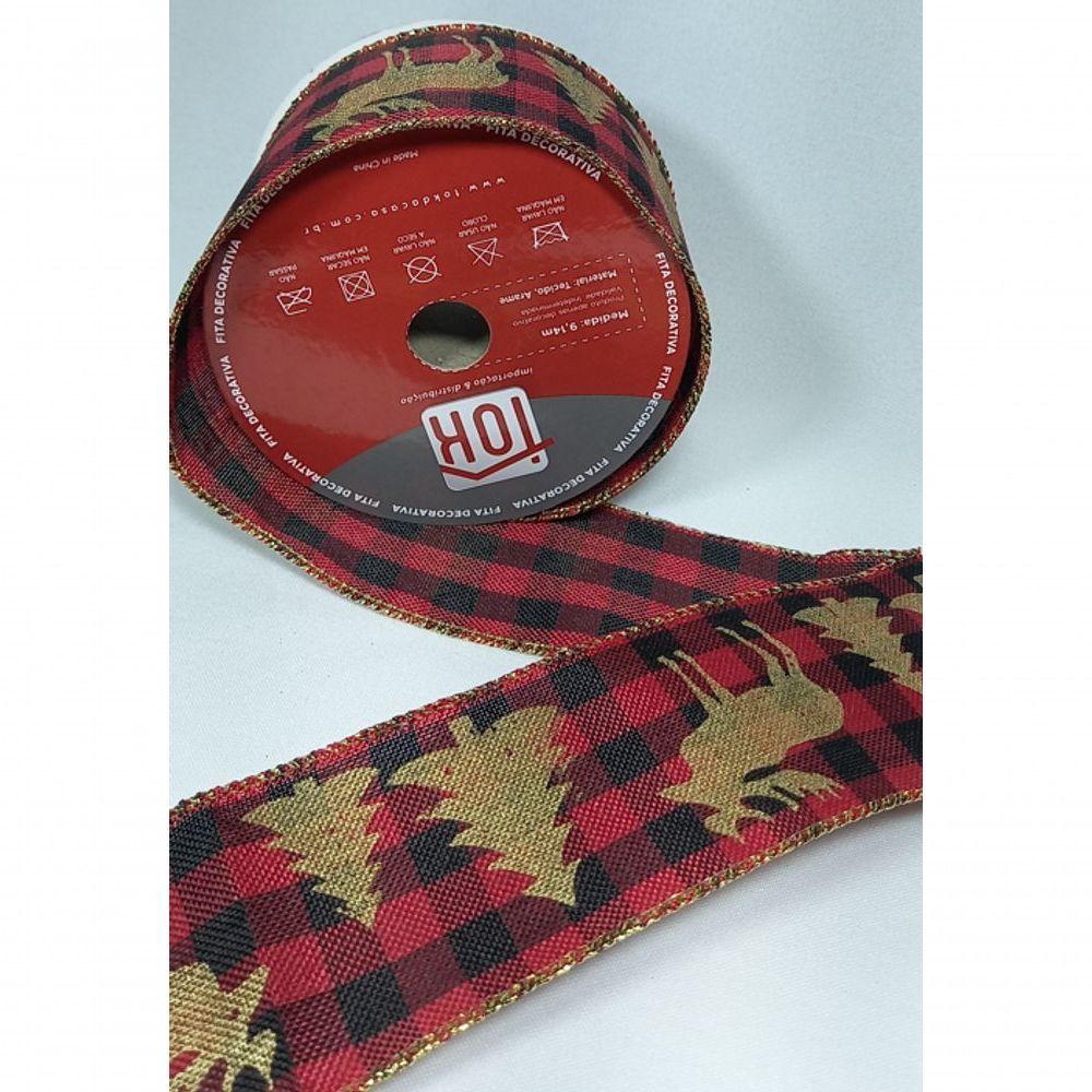 Fita Decorativa Xadrez Vermelho Com Preto Com Estampa Natalina - 3