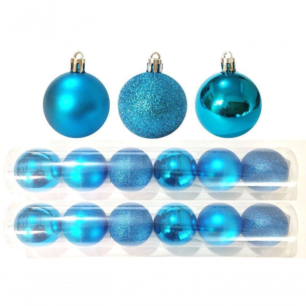 Kit 12 Bolas Natal Mista Glitter Fosca Lisa Azul 8Cm - 1