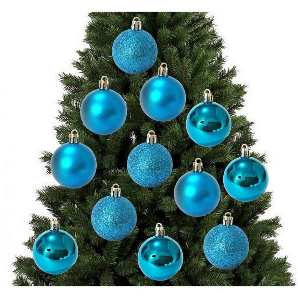 Kit 12 Bolas Natal Mista Glitter Fosca Lisa Azul 8Cm - 9