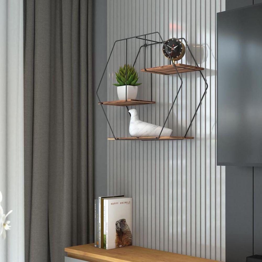 Prateleira De Parede De Madeira Decorativa Hexagonal - Stolf - 3