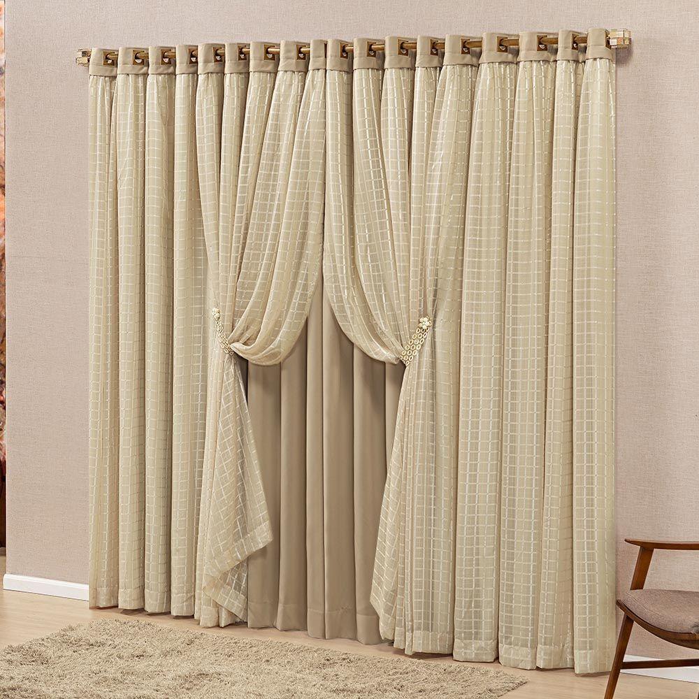 Cortina Monte Real 3,00m X 2,50m Tecido Blackout Voal Trabalhado Xadrez Sala Quarto - Chocolate - 1