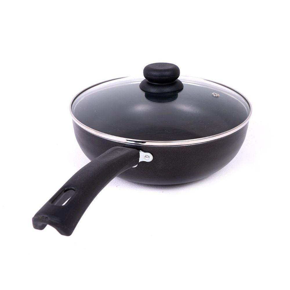 Panela Frigideira Tampa De Vidro Wok 24cm Antiaderente Alumínio - Preto - 6