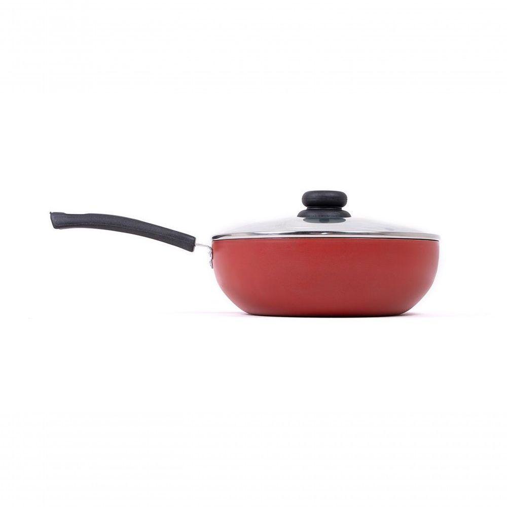 Panela Frigideira Tampa De Vidro Wok 24cm Antiaderente Alumínio - Vermelho - 1