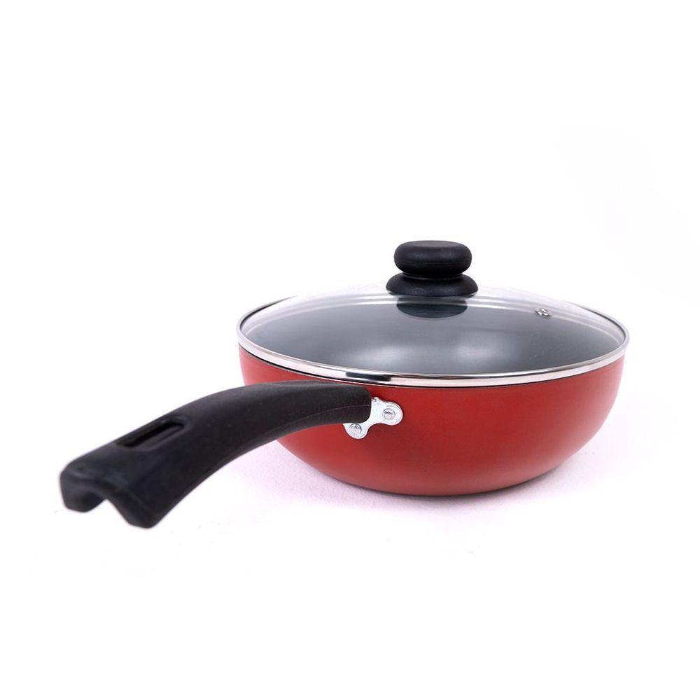 Panela Frigideira Tampa De Vidro Wok 24cm Antiaderente Alumínio - Vermelho - 4