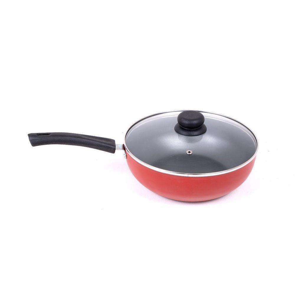 Panela Frigideira Tampa De Vidro Wok 24cm Antiaderente Alumínio - Vermelho - 5