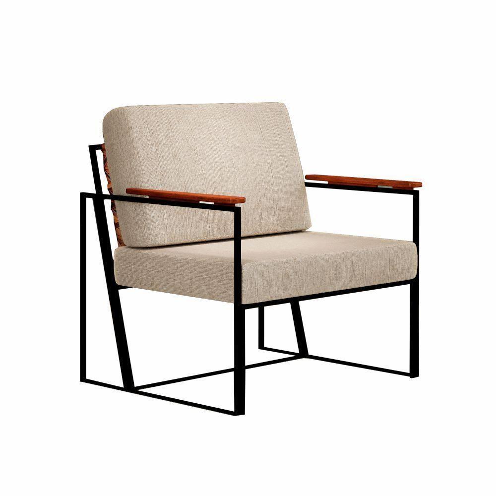 Poltrona Roma Bege Com Rattan E Base Em Metal Preto - 1