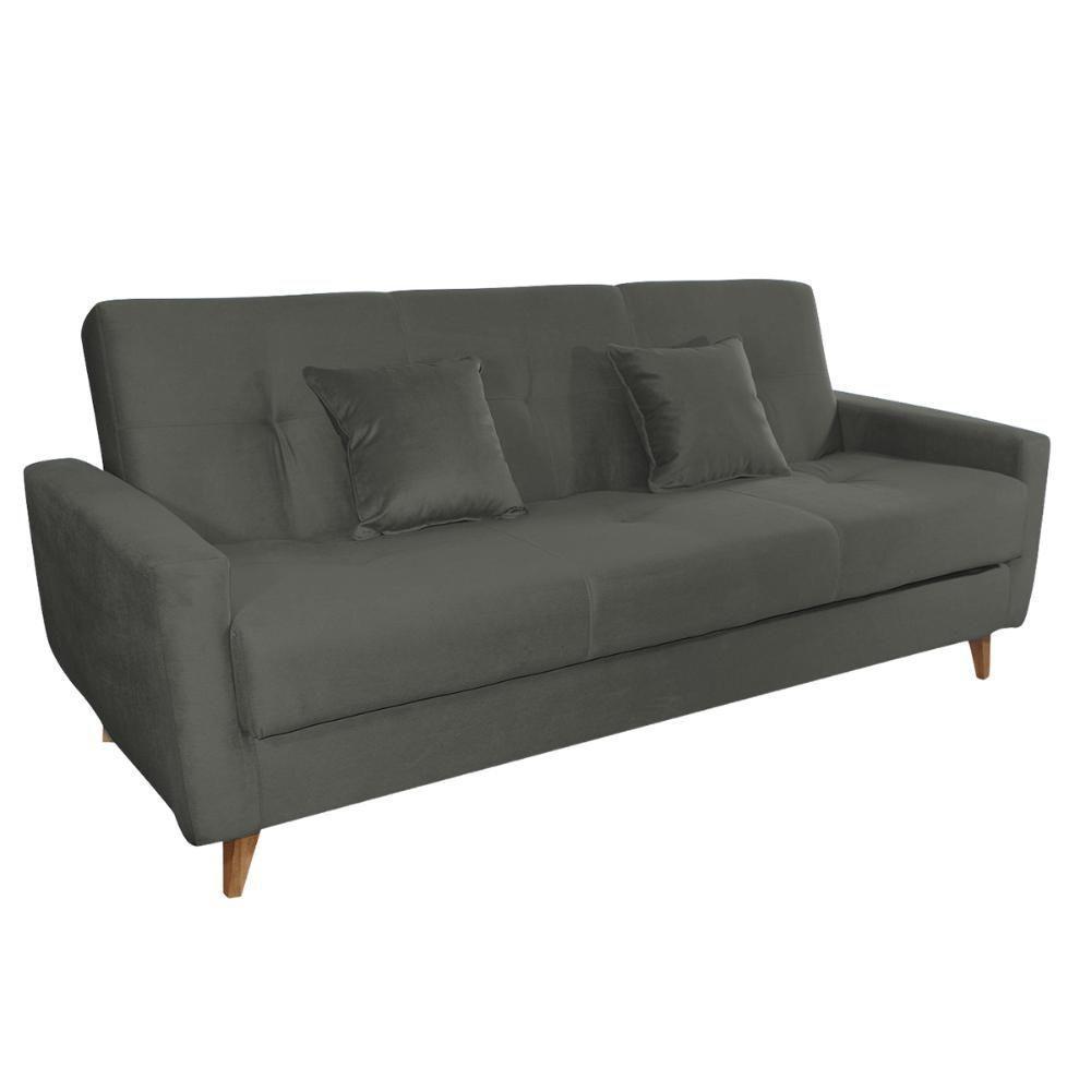 Sofá Cama Casal Reclinável Com Baú Pamela - Veludo Chumbo - 1