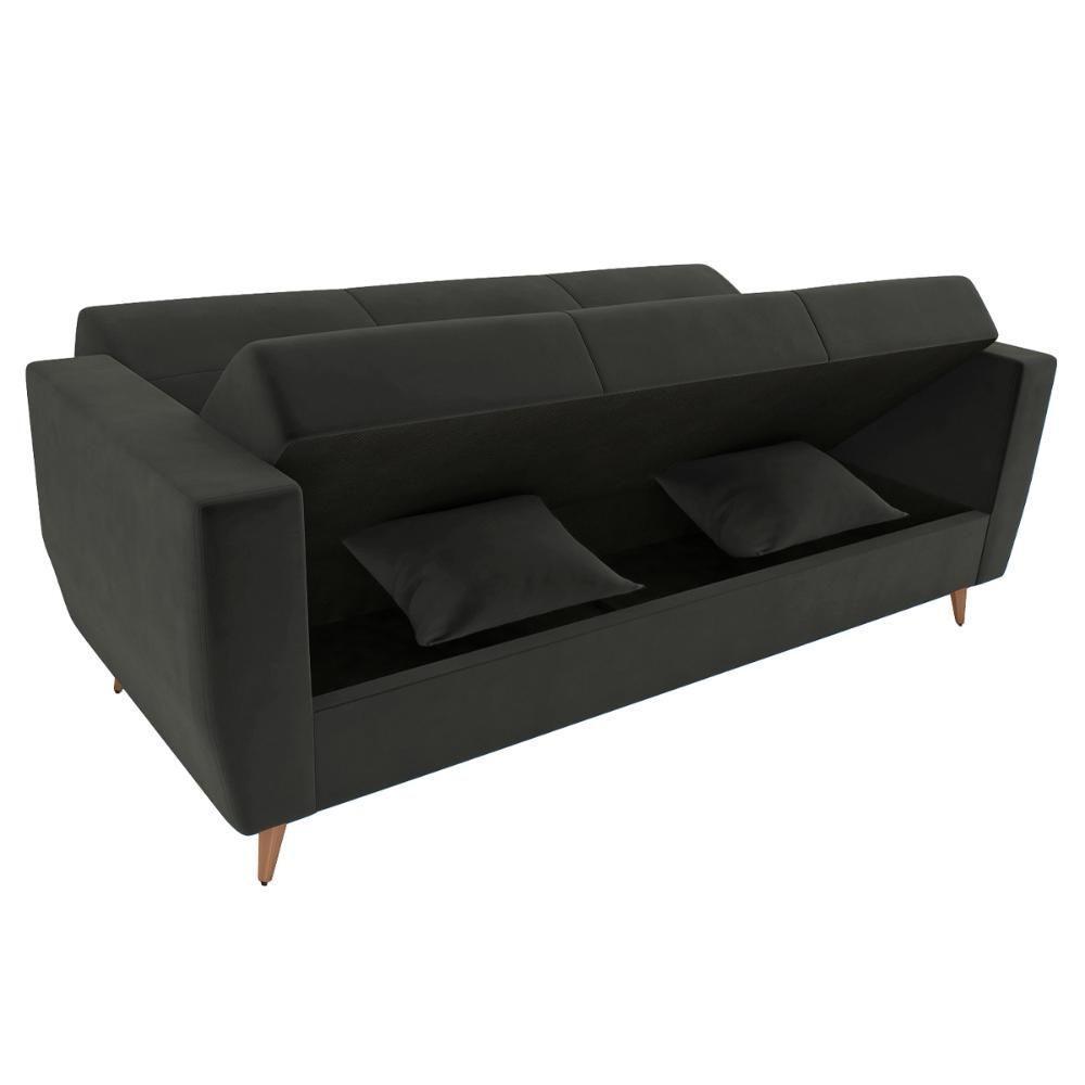 Sofá Cama Casal Reclinável Com Baú Pamela - Veludo Chumbo - 2