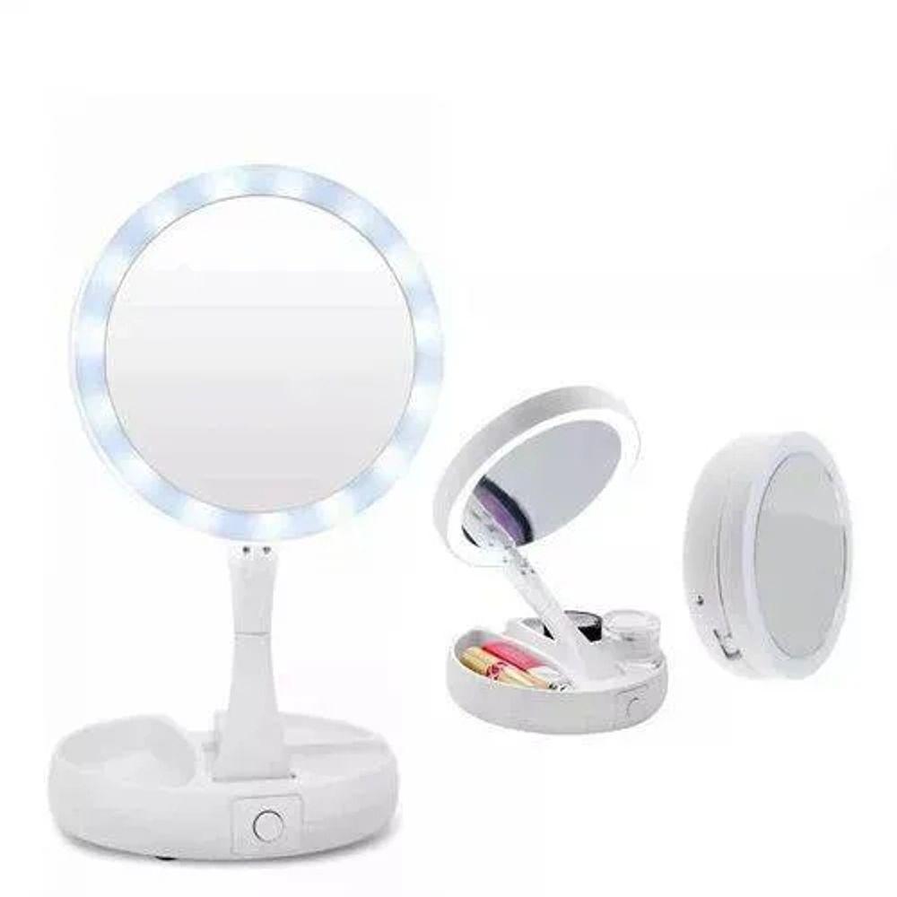 Espelho Led Portátil Dobrável Maquiagem Dupla Aumento Redondo - 1