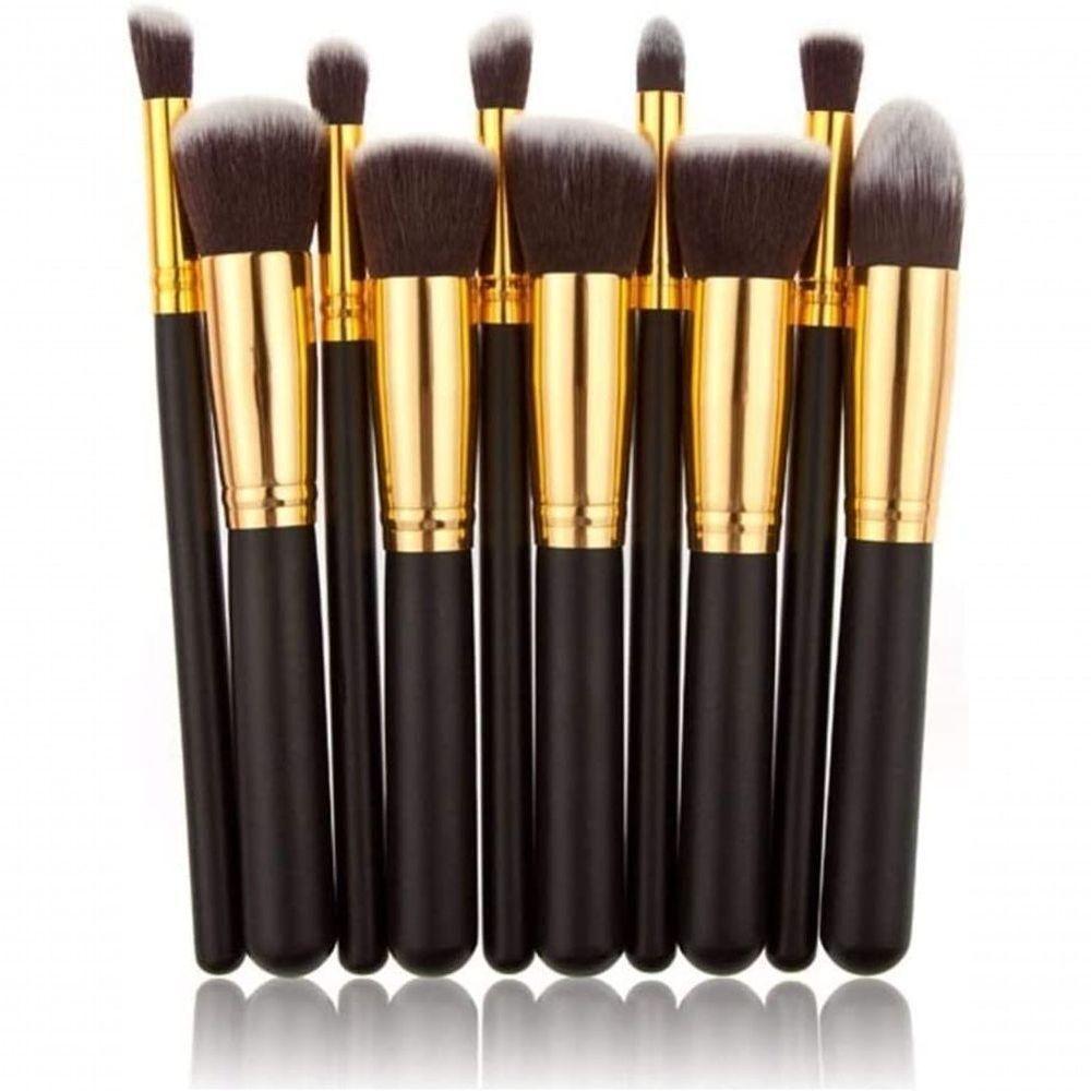 Kit 10 Pinceis Para Maquiagem Kabuki Preto Com Dourado - 1