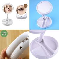 Espelho Mesa Dupla Face Luz Led Com Aumento 10X Maquiagem Redondo C/ Plug Usb - 2