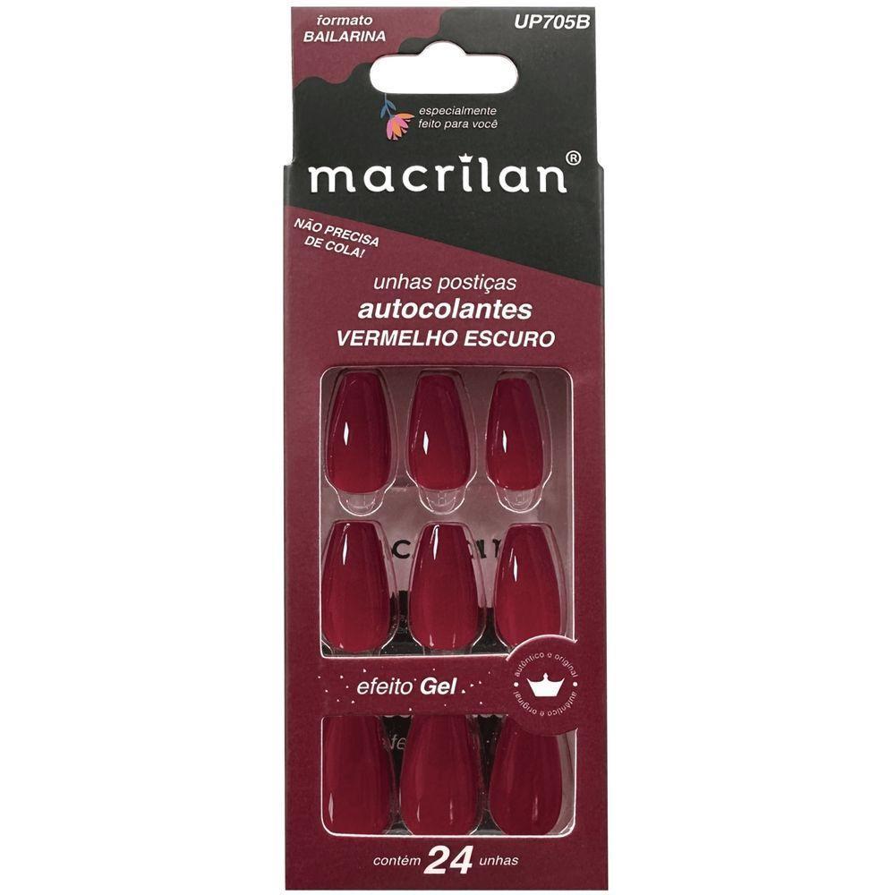 Macrilan Unhas Postiças Autocolantes Efeito Gel Vermelho Escuro Up705B (24 Unidades) - 1