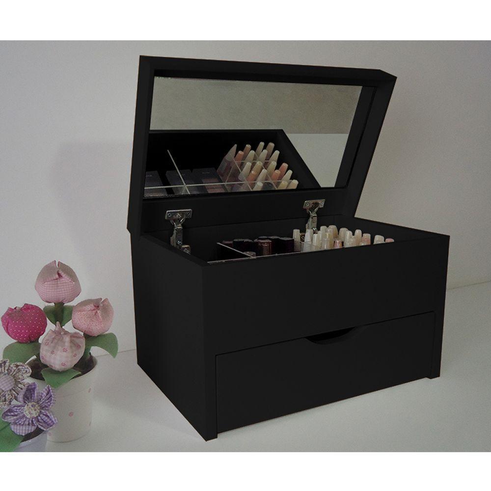 Porta Maquiagem Caixa Organizadora Com Espelho Preto Laca - 5