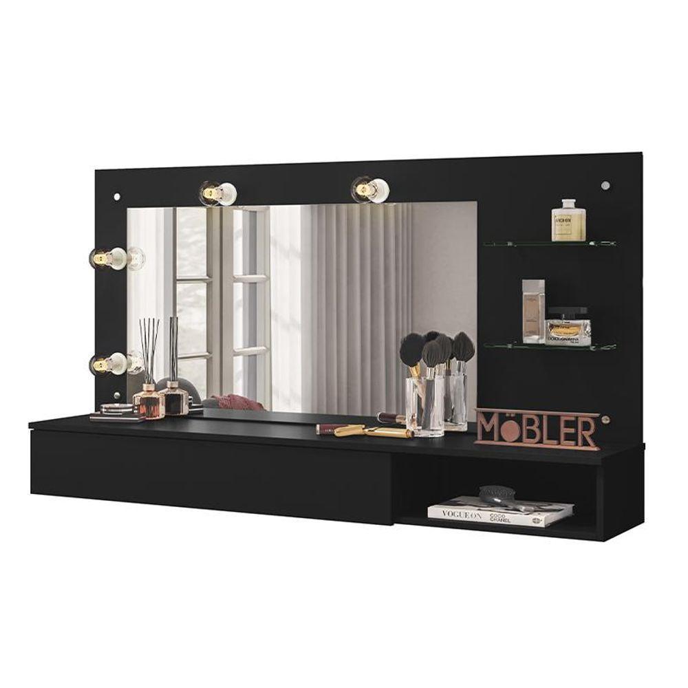 Penteadeira Camarim Suspensa Lumiere Com Espelho E 1 Gaveta Preto Fosco Preto Fosco - 1