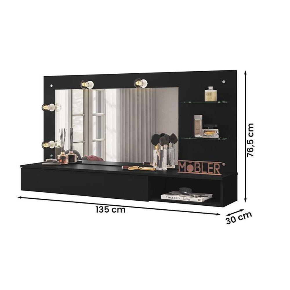Penteadeira Camarim Suspensa Lumiere Com Espelho E 1 Gaveta Preto Fosco Preto Fosco - 2