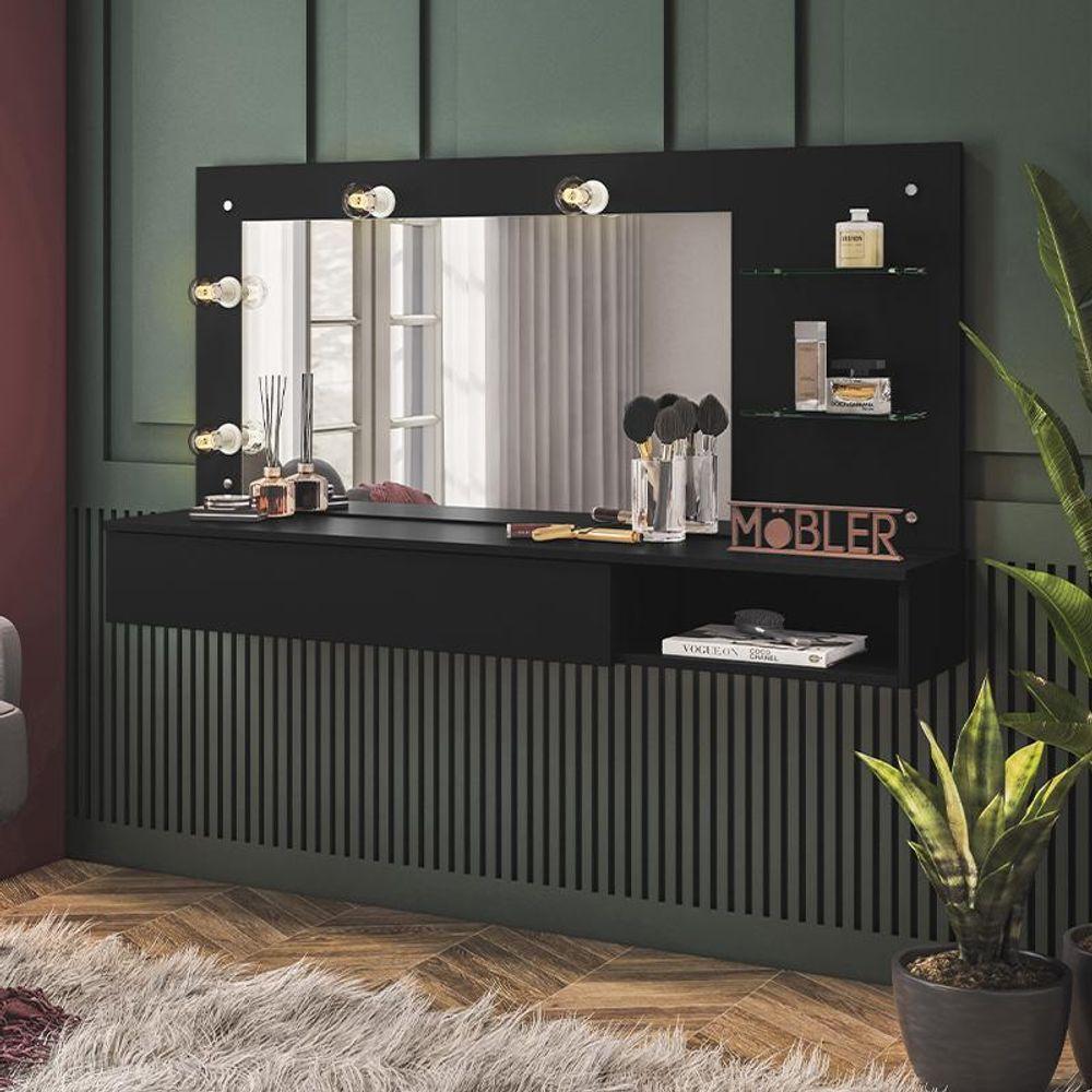 Penteadeira Camarim Suspensa Lumiere Com Espelho E 1 Gaveta Preto Fosco Preto Fosco - 3