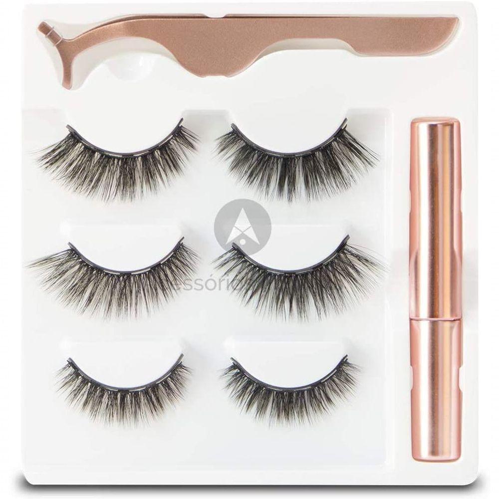 Kit 3 Pares Cílios Postiços Magnéticos Com Pinça E Delineador Magnetico - 1