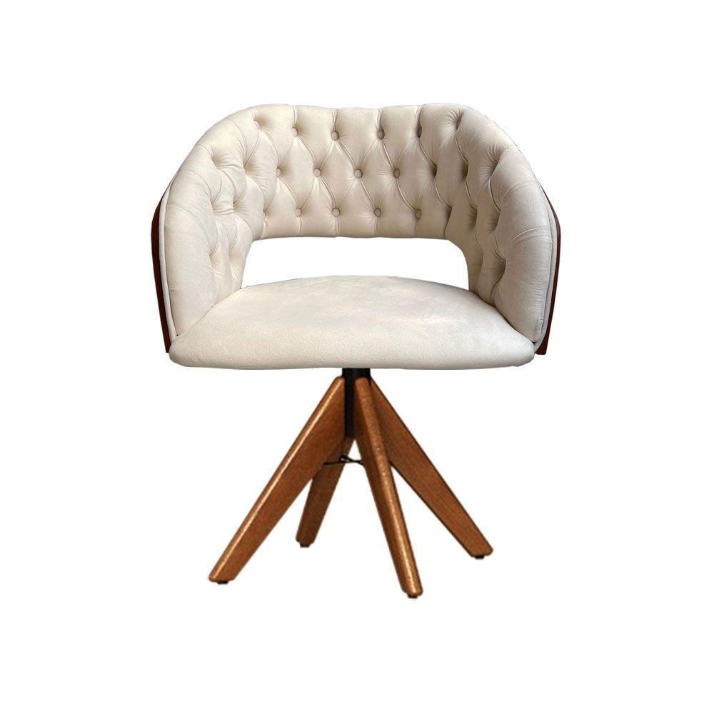 Cadeira Decorativa Bia Com Capitonê Bege Giratória Madeira - 1