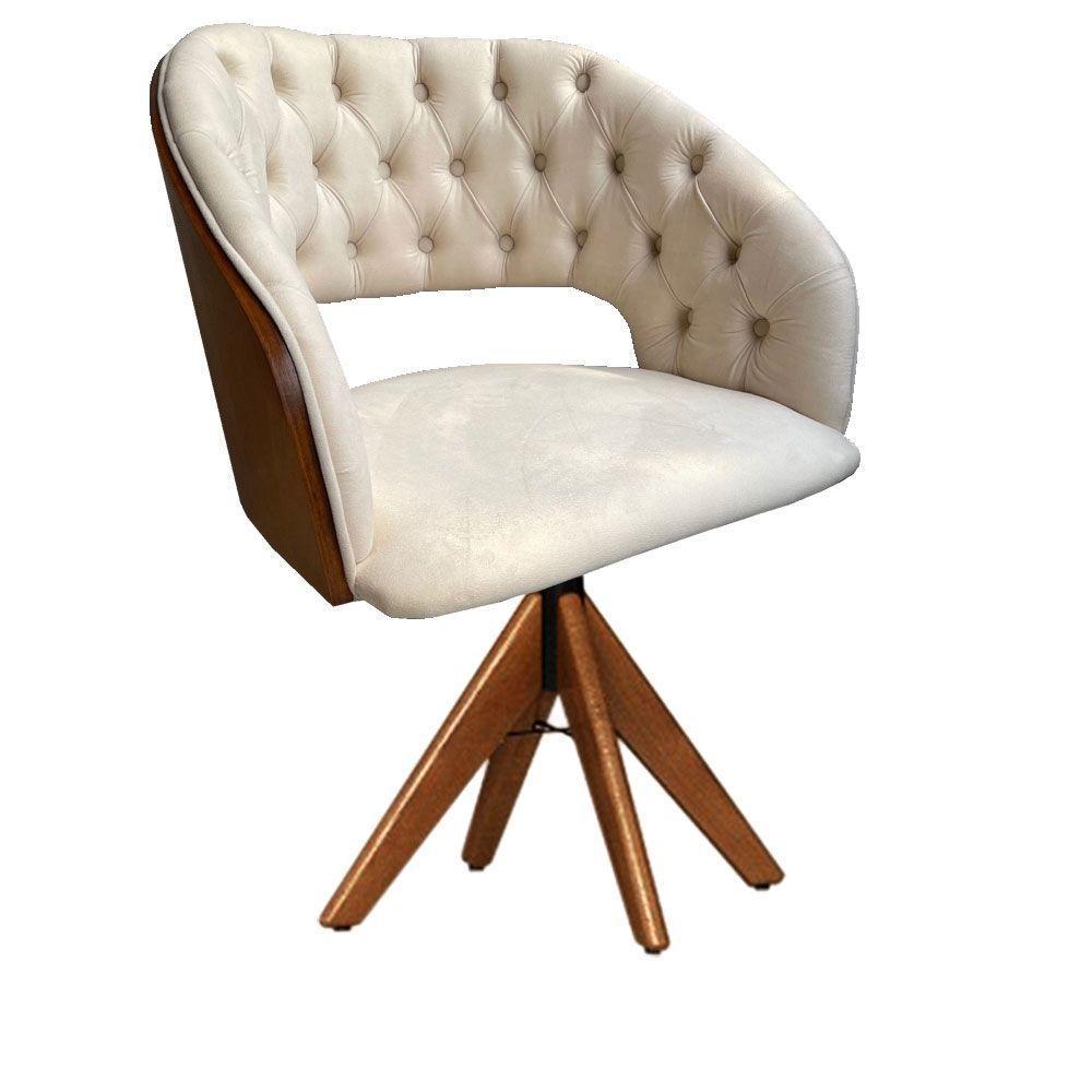 Cadeira Decorativa Bia Com Capitonê Bege Giratória Madeira - 2