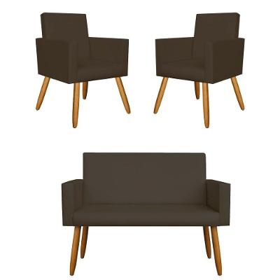 Kit Sofá Namoradeira + 2 Poltrona Decorativa Tecido Marrom